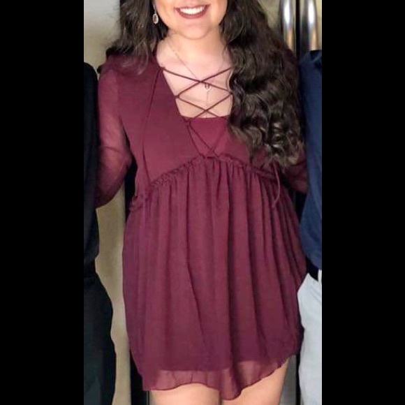 Tobi Deep Purple /Burgundy Babydoll Bell Sleeve Lace Up Neck Mini Dress, Medium - Picture 3 of 3